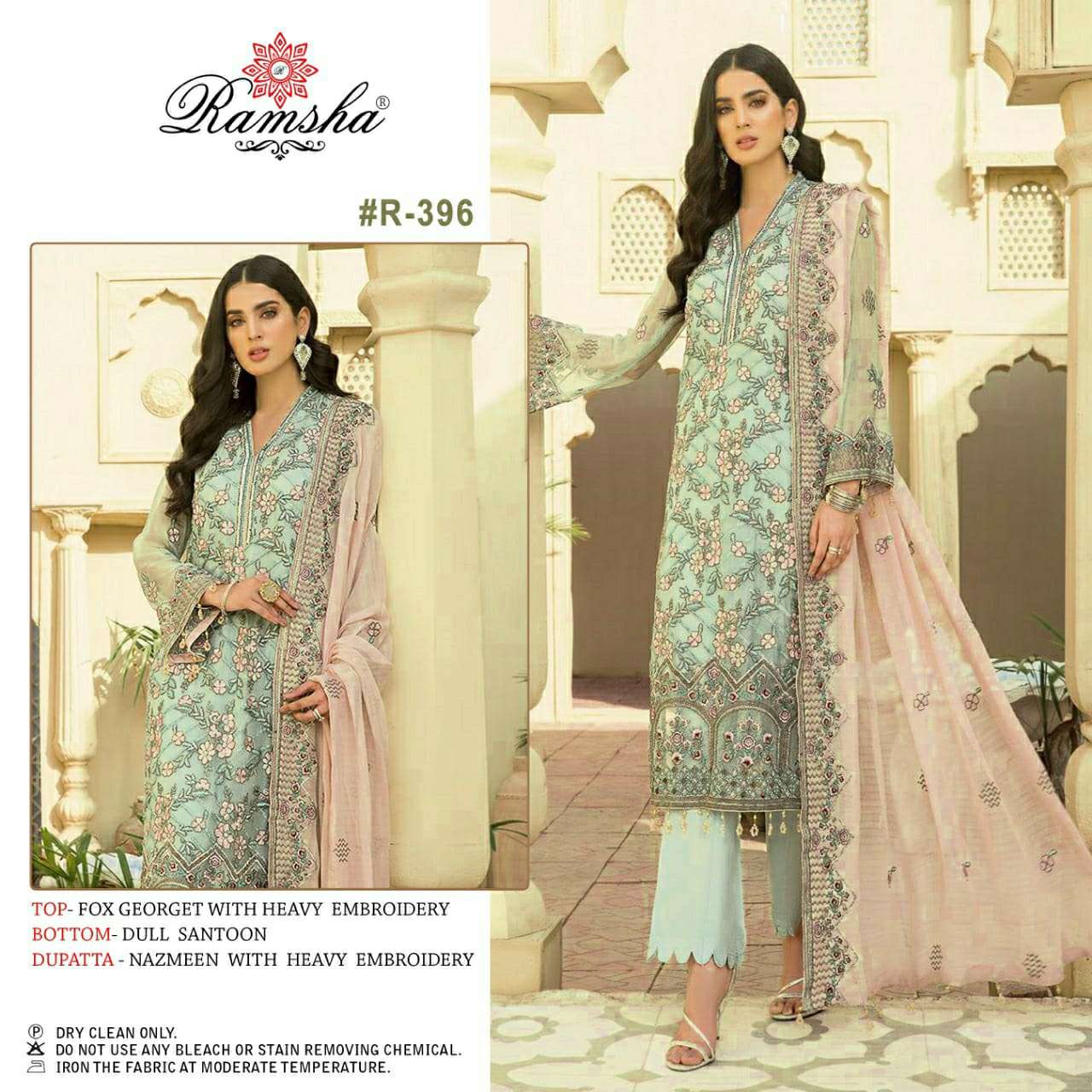 RAMSHA PRESENTS R 396 TO 398 FOX GEORGETTE HEAVY EMBROIDERY WHOLESALE PAKISTANI SUITS